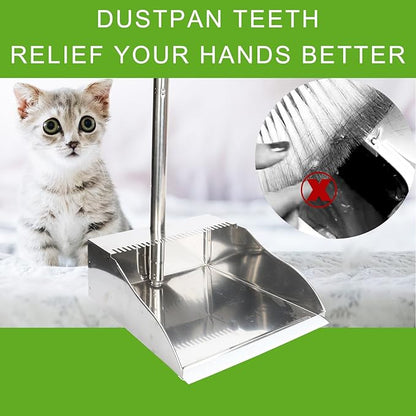 Metal Dustpan Long Handle Stainless Steel Dustpan,Heavy Duty Standing Dust Pan with Teeth, Indoor Outdoor Up for Home Kitchen Lobby Room Office