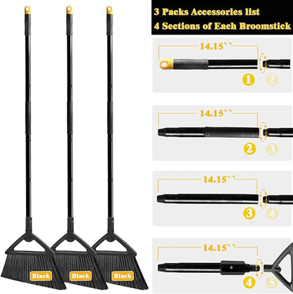 Heavy Duty Commercial Broom, 3 Pack Upgraded Angle Brooms for Sweeping Outdoor and Indoor, Perfect Black Brooms of House, Kitchen, Garage, Courtyard, Concrete