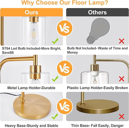DLLT Floor Lamp Tall for Room: Gold Standing Lamp with Clear Glass Lampshade for Living Room - Modern Bright Lamp for Bedroom - Industrial Corner Floor Lamps for Office 8W Led Bulb Included