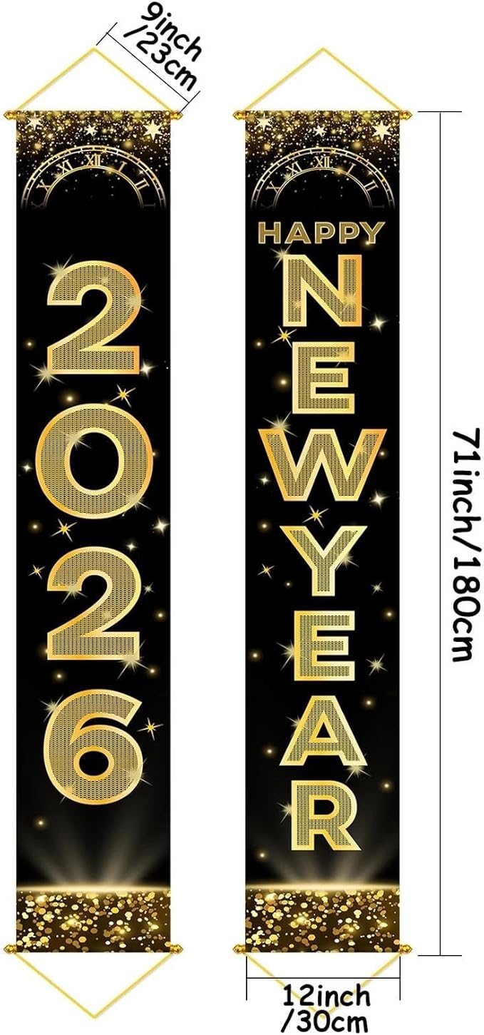 Upgraded, Ideal New Years Eve Party Supplies 2026, 300D Premium New Year Banner 2026, Large 71x12in (with 2pcs Golden hanging rod) Classic Design, HQ Fabric, HD Printing, Perfect for NYE Decorations