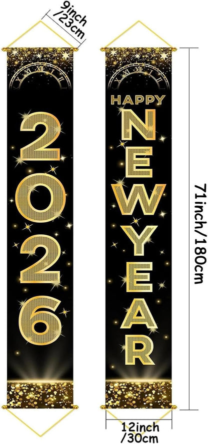 Upgraded, Ideal New Years Eve Party Supplies 2026, 300D Premium New Year Banner 2026, Large 71x12in (with 2pcs Golden hanging rod) Classic Design, HQ Fabric, HD Printing, Perfect for NYE Decorations