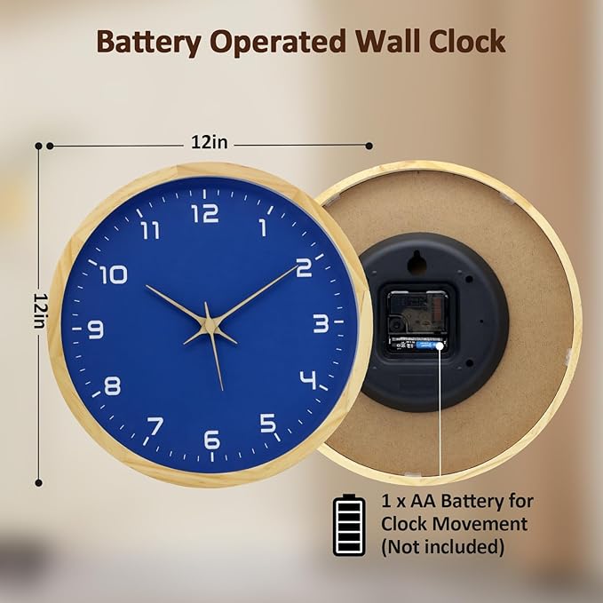 MEIRED Wooden Wall Clock 12 Inch Silent Non Ticking Wall Clocks Battery Operated Wood Analog Retro Round Clock Decorative for Kitchen,Home,Living Room,Classroom, Log Blue