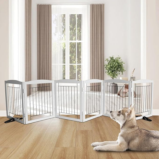 ZJSF Freestanding Dog Fence Indoor, Foldable Dog Gate for Doorways, Stairs or Hallways, Sturdy Wood Extra Wide Pet Gate with Support Feet for The House, Grey, 24 "Height-6 Panels