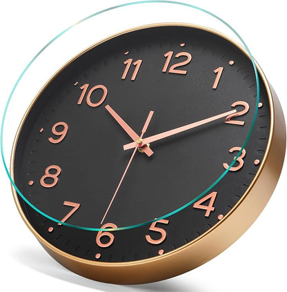 MEIRED Wall Clock 12 Inch Silent Non Ticking Battery Operated Round Wall Clock Modern Simple Style Decor Clock for Home/Office/School/Kitchen/Bedroom/Living Room, Black and Gold