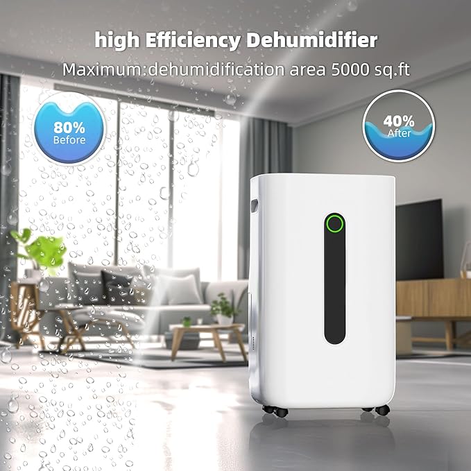 5,000 Sq.Ft 80 Pint Dehumidifer for Basements and Home-with Drain Hose,1.7Gallon Water Tank.Intelligent HumidityControl.Dual Protection and 4 Modes,for Large room