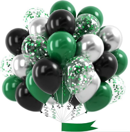 Dark Green Black Silver Balloon, 60 Pcs 12 Inches Silver Green Black Confetti Balloons for Boys Men Football Video Gamer Soccer Army Graduation Baby Shower Birthday Party Decorations