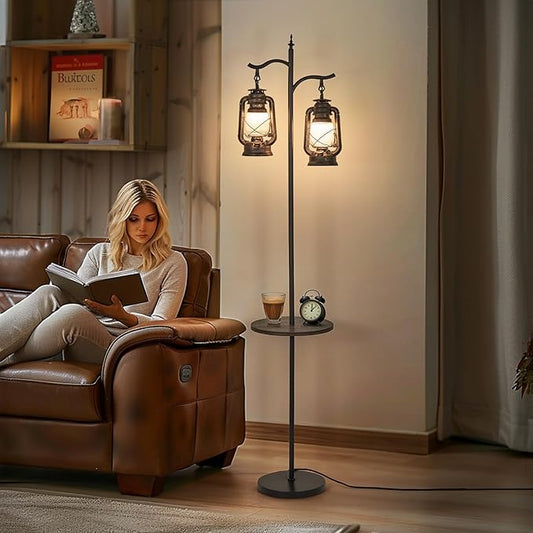 Farmhouse Floor lamp with Table, Double Head Vintage Floor Lantern, Standing lamp for Living Room，Bedroom, Rustic Floor Lamp with Black Brown Finish