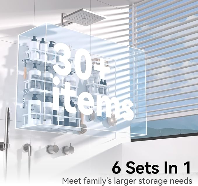YASONIC Shower Caddy, 6 Pack Large Capacity Shower Organizer with Soap Holder and 12 Hooks, Rustproof Shelves for Inside Shower, No Drilling&Sleek Bathroom Organizers and Storage White