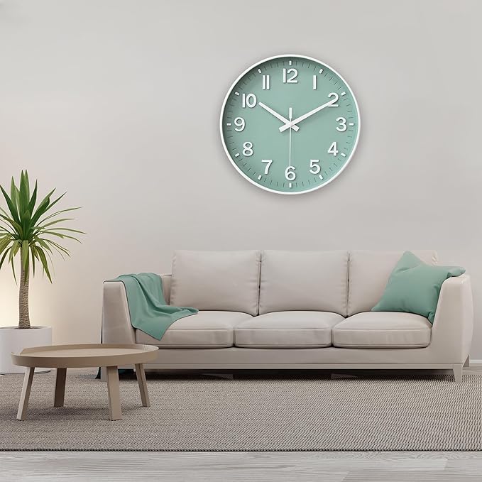 HZDHCLH Wall Clocks Battery Operated,Wall Clock Green,10 inch Wall Clock Silent Non Ticking Modern 3D Numbers for Kitchen Bedroom Living Room Office Classroom Decor