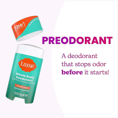 Lume Whole Body Deodorant - Invisible Cream Tube Mini and Solid Stick - 72 Hour Odor Control - Aluminum Free, Baking Soda Free, Skin Safe - 0.5 Oz Mini Tube + 2.6 Oz Solid Stick (Minted Cucumber)