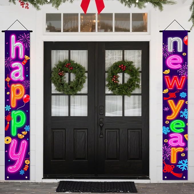 Nuxovilar Happy New Year Banner, 70.86" x 11.81" Colorful Background Letters Hanging Decorations for Outdoor Indoor Home Wall