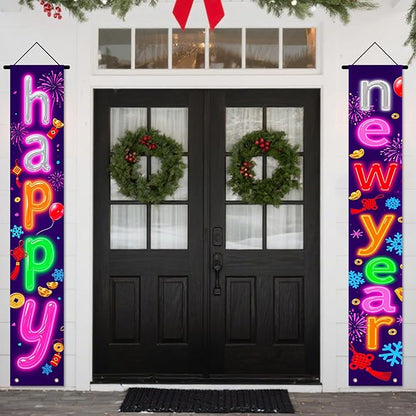 Nuxovilar Happy New Year Banner, 70.86" x 11.81" Colorful Background Letters Hanging Decorations for Outdoor Indoor Home Wall