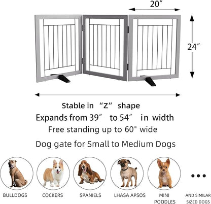 ZJSF Freestanding Dog Gate Indoor, Foldable Dog Fence for Doorways,Hallways or Stairs, Sturdy Wood Extra Wide Pet Gate with Support Feet,Grey,24 "Height-3 Panels