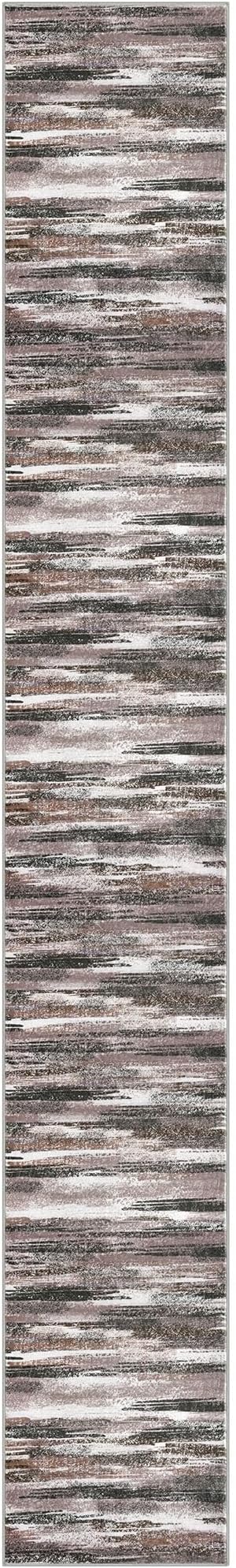 Modern Abstract Runner Rug 2.6x18, Dark Light Brown White Washable Long Kitchen Runner Non-Slip Soft Hallway Rug Runner Thin Print Faux Wool Carpet for Entryway Bedroom Laundry Room Indoor
