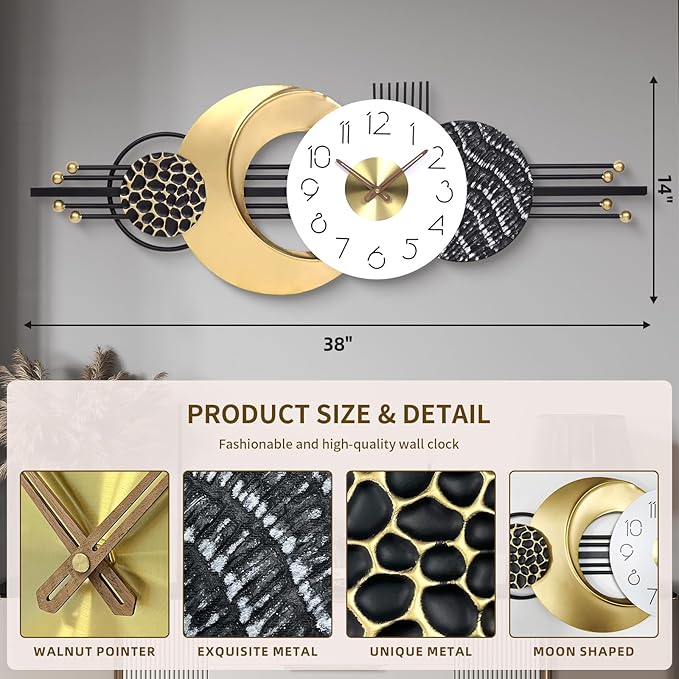 38x14 Inch Modern Large Wall Clock Battery Operated, Silent Non-Ticking Decorative Analog Clocks for Living Room, Bedroom, Office, Kitchen, Entryway