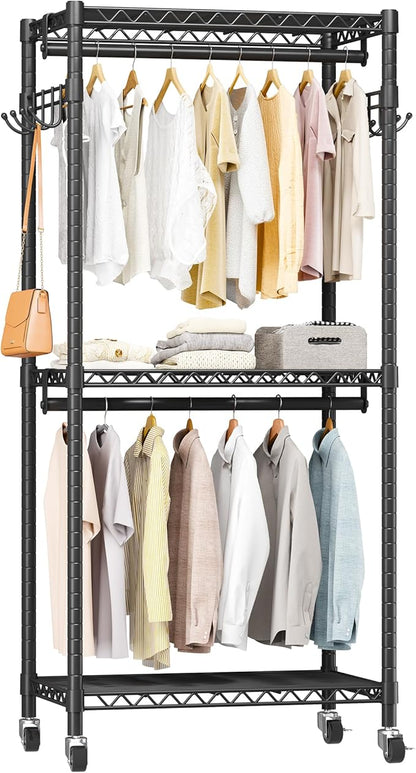 Mini Rolling Clothes Rack with Adjustable Metal Wire Shelving, Heavy Duty Clothing Rack for Hanging Clothes, Portable Closet with Wheels Side Hooks, Freestanding Closet Wardrobe, Black