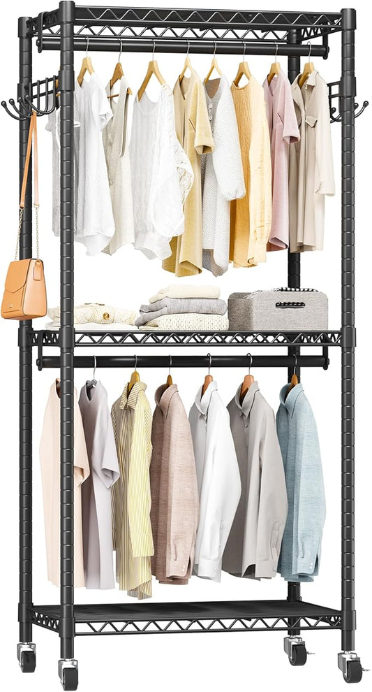 Mini Rolling Clothes Rack with Adjustable Metal Wire Shelving, Heavy Duty Clothing Rack for Hanging Clothes, Portable Closet with Wheels Side Hooks, Freestanding Closet Wardrobe, Black