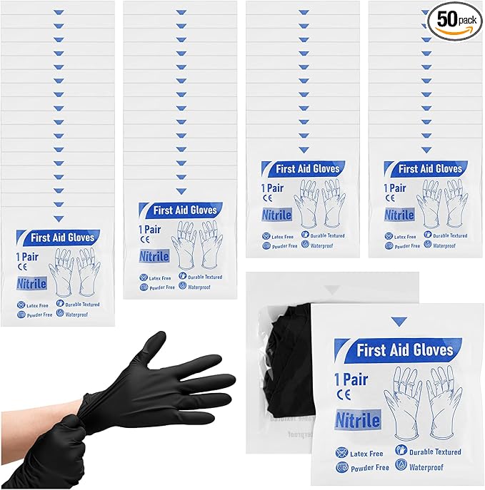 50 Pairs Disposable Emergency Glove Individually Packaged Travel Gloves Travel Trauma Essential Nitrile Glove (Black)