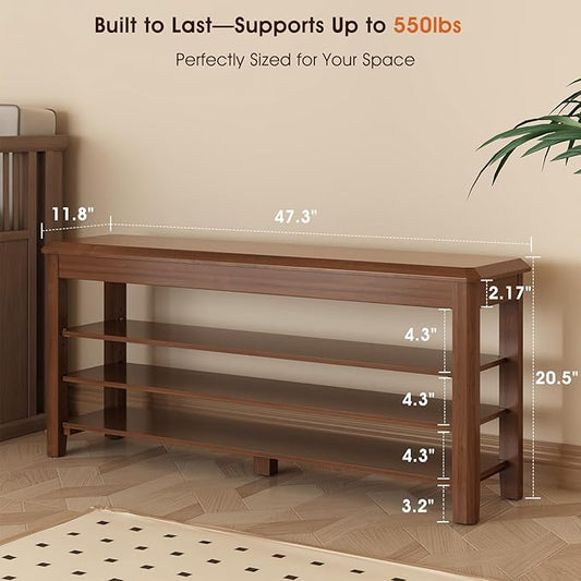 Shoe Rack Bench Seat Rubberwood 3-Tier Wooden Storage Bench 550lbs Compact Mid-Century Modern Design for Entryway, Hallway, Closet, Front Door Entrance, Foyer