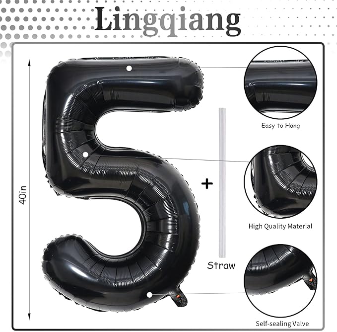 Black 5 Balloons, 40 Inch Large Foil Number Balloons Set 0-9, Self Inflating Digital 5 Helium Balloon for Boys Men Women 5th 50th Age Birthday Anniversary Party Decorations Photo Shoot Supplies