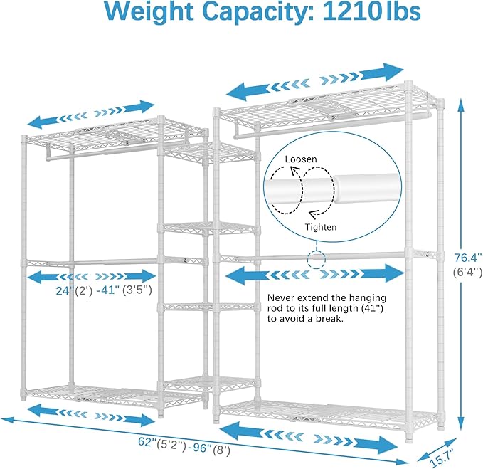 VIPEK X3 Expandable Heavy Duty Clothes Rack Adjustable from 5'2" to 8' with Flexible Shelves and Hanger Rods, Large Freestanding Clothing Racks for Hanging Clothes, Max Load 1210LBS, White