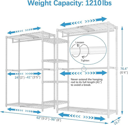 VIPEK X3 Expandable Heavy Duty Clothes Rack Adjustable from 5'2" to 8' with Flexible Shelves and Hanger Rods, Large Freestanding Clothing Racks for Hanging Clothes, Max Load 1210LBS, White