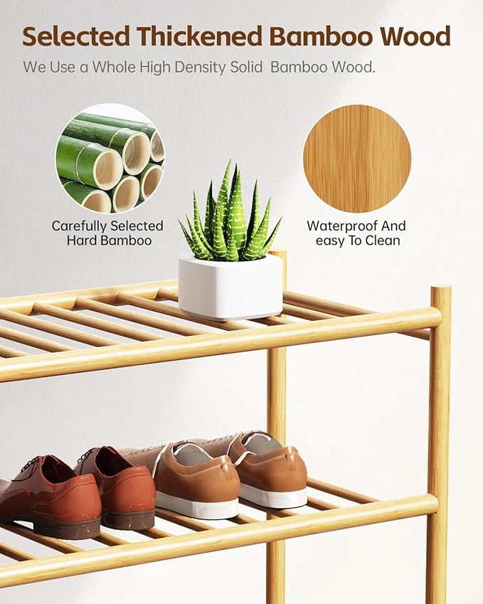 Bamboo Shoe Rack for Closet Small Wooden Shoe Organizer with Pouch, Sturdy Wood Shoe Shelf for Front Door Entrance Entryway and Outdoor, 26 inch Wide (Natural, 3-Tier)