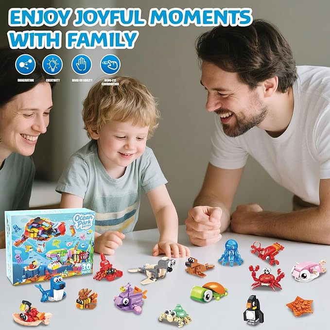 30 Packs Ocean Party Favors for Kids 895 PCS Mini Marine Animals Building Blocks for Goodie Bag Stuffers Bulk Classroom Prizes Easter Basket Birthday Party Favors for Boys Girls Ages 6-8-12