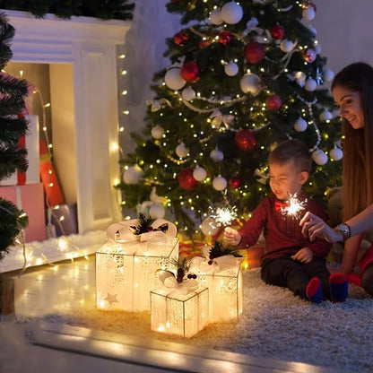 Christmas Light up Gift Boxes, Light up Xmas Boxes with Battery Operated for Christmas Decorations Indoor and Outdoor (3 Pack)