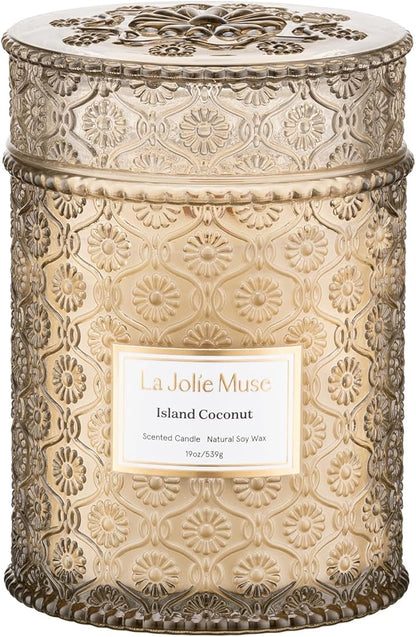 LA JOLIE MUSE Vanilla Coconut Candle, 19 oz Wood Wicked Candles for Home Scented, Natural Soy Wax, Large Glass Jar Candle, 90 Hours Long Burning, Island Coconut