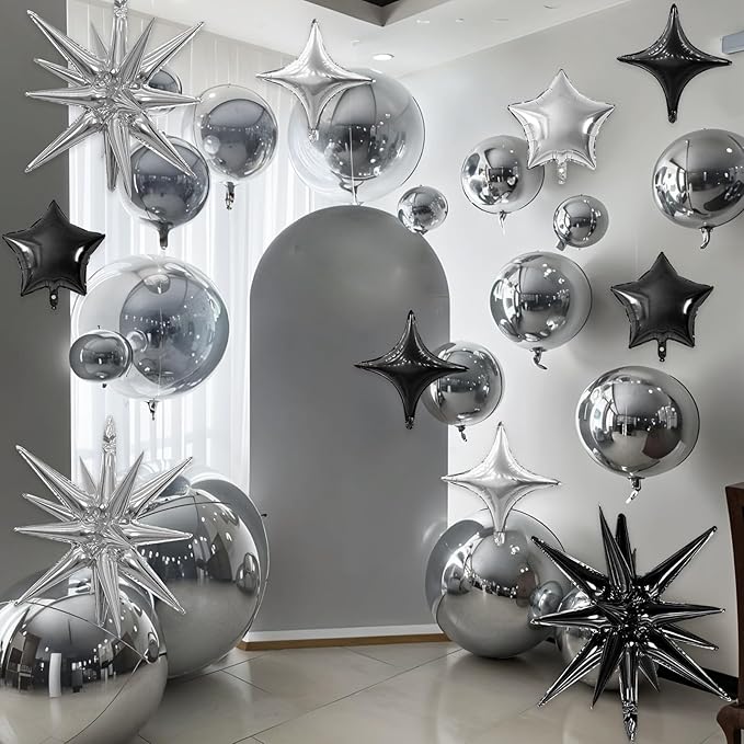 Black Silver Star Balloon,16Pcs Star Foil Balloons Set with 22Inch Explosion Spike Cone Balloons and 10Inch Quadrangle Helium Balloon for Birthday Wedding Baby Shower Party Decorations