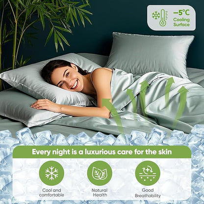 TWK Luxury Sheet Set, Genuine 100% Organic Viscose Derived from Bamboo, Cooling & Breathable, Silky Soft, Bedding Sheets & Pillowcases (Sea Glass, Full)