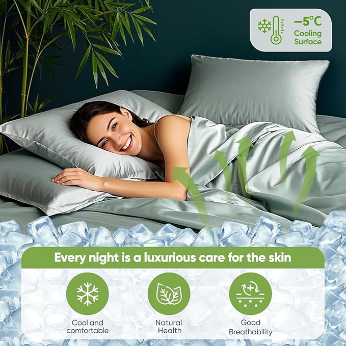 TWK Luxury Sheet Set, Genuine 100% Organic Viscose Derived from Bamboo, Cooling & Breathable, Silky Soft, Bedding Sheets & Pillowcases (Sea Glass, Queen)