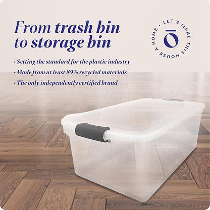 HOMZ 2-Pack Latching Lid, Large Clear Plastic Storage Bins with Lids, 66 Quart, Gray Latch - Stackable Container Boxes for Home, Bathroom, and Office Organization