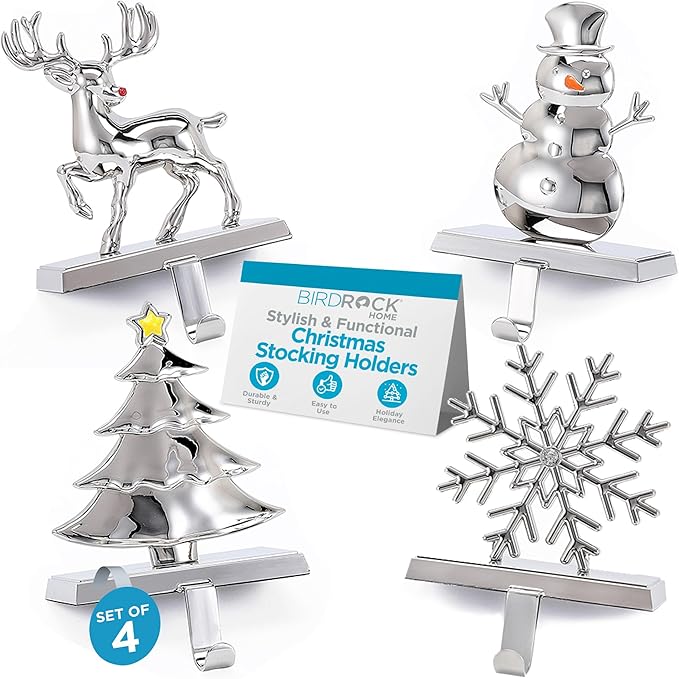 BIRDROCK HOME Christmas Stocking Holders for Mantle - Weighted Metal Hanger for Stockings & Holiday Decor - Metal Hook for Fireplace, Staircase, Shelf - Non-Scratch Base - Holiday Collection, Set of 4