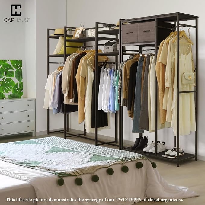 CAPHAUS 550lbs Capacity Garment Rack for Hanging Clothes, Heavy Duty Metal Open Wardrobe w/Hanging Rods & Drawers, Free Standing Closet Organizer, Metal Closet w/Wooden Boards, Black Vintage Board