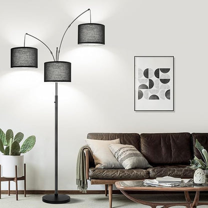 Dimmable Floor Lamp, 3 Lights Black Arc Floor Lamps for Living Room, Modern Tall Standing Tree Lamp with Black Shade & Heavy Base, Large Floor Lamp for Bedroom Office, 3x1000 LM LED Bulbs Included