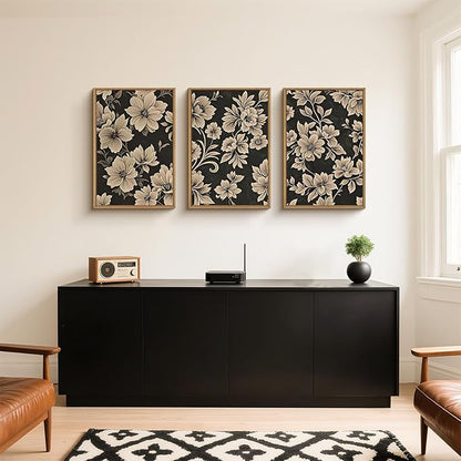 Large Vintage Floral Framed Canvas Wall Art Set,Mid Century Modern Flower Wall Decor,Neutral Wildflower Art Prints,Retro Botanical Plant Artwork for Living Room,Dining Room,Office-16 x24 x3