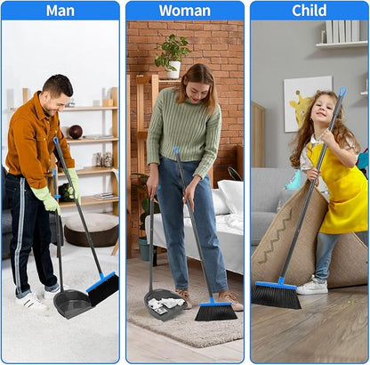 Broom and Dustpan Set ，Long Handle Broom with Upright Standing Dust pan for Indoor Outdoor Home Kitchen Office Floor Cleaning