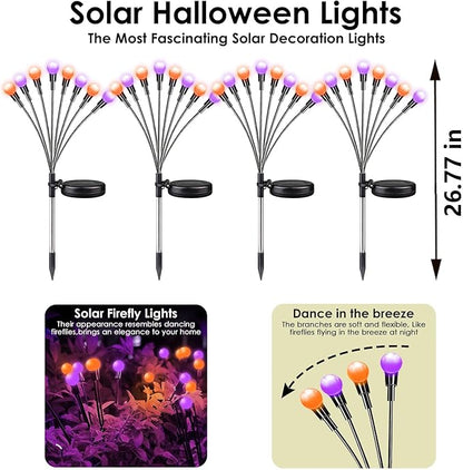 6Pack Total 48 LED Purple and Orange Solar Halloween Lights Outdoor - Solar Firefly Lights Outdoor, Sway by Wind, Waterproof for Garden Patio Pathway Halloween Decorations