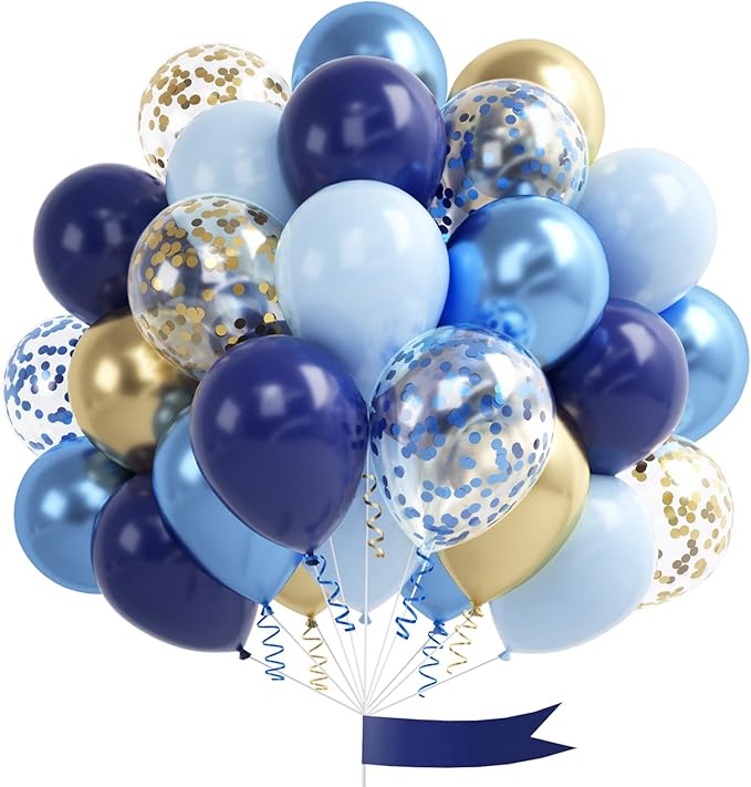 Navy Blue Gold Balloon, 60 Pcs 12 Inch Metallic Blue and Macaron Blue Balloons with Metallic Gold Confetti Balloons for Baby Shower Birthday Party Decorations Wedding Bridal Graduate