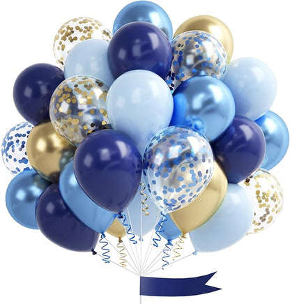 Navy Blue Gold Balloon, 60 Pcs 12 Inch Metallic Blue and Macaron Blue Balloons with Metallic Gold Confetti Balloons for Baby Shower Birthday Party Decorations Wedding Bridal Graduate
