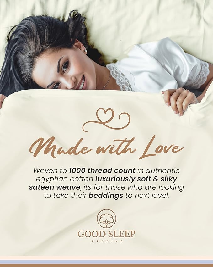 1000 Thread Count Egyptian Cotton Sheets Full Size, 4 Pc Luxury Sheets Set, Long Staple 100% Cotton Sheets for Full Size Bed, 16" Deep Pocket Hotel Style Sheets, Sateen Sheets Full, Ivory