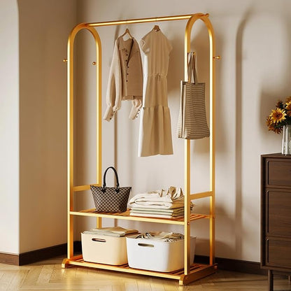 heavy duty clothes rack,gold clothing rack with bottom shelves and 6 side hooks,Metal garment rack for hanging clothes for Bedroom