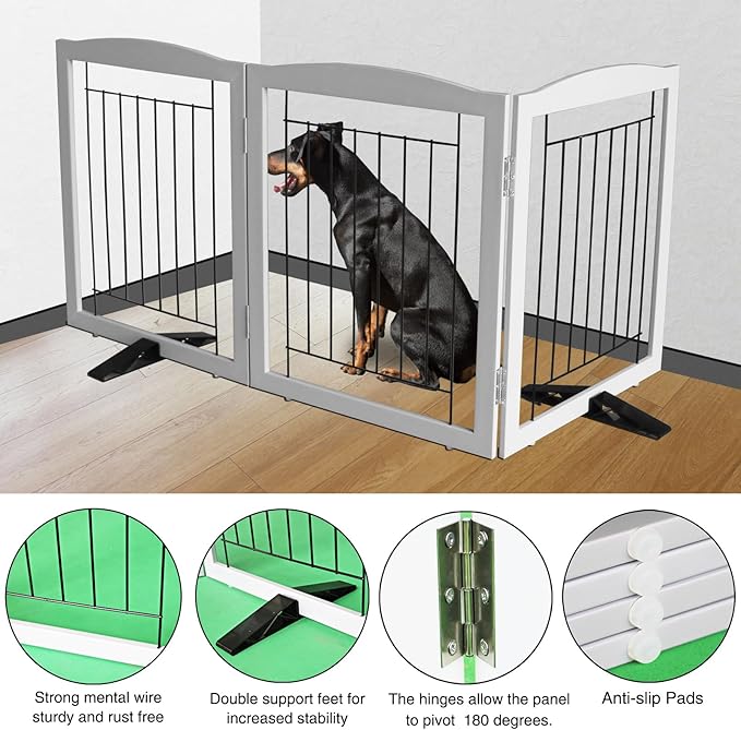 ZJSF Freestanding Dog Fence Indoor, Foldable Dog Gate for Doorways, Stairs or Hallways, Sturdy Wood Extra Wide Pet Gate with Support Feet for The House, Grey, 24 "Height-3 Panels