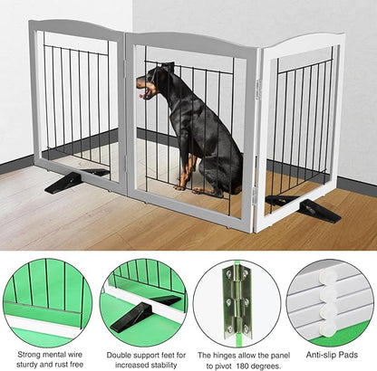 ZJSF Freestanding Dog Fence Indoor, Foldable Dog Gate for Doorways, Stairs or Hallways, Sturdy Wood Extra Wide Pet Gate with Support Feet for The House, Grey, 24 "Height-3 Panels
