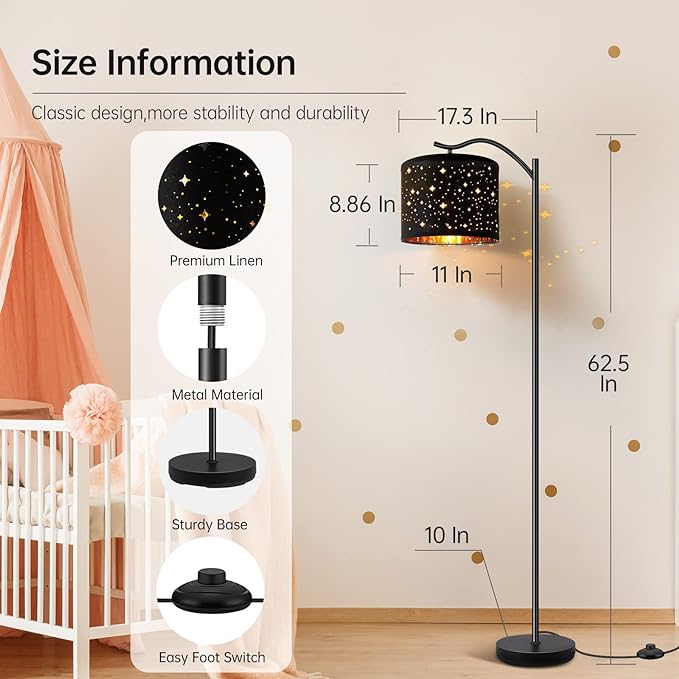 BoostArea Floor Lamp for Living Room,LED Arched Tall Modern Standing Lamp with Bohemian Linen Shade, E26 Socket, Footswitch,Black Mid Century Floor Lamp for Bedrooms,Office,Star Shade