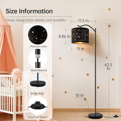 BoostArea Floor Lamp for Living Room,LED Arched Tall Modern Standing Lamp with Bohemian Linen Shade, E26 Socket, Footswitch,Black Mid Century Floor Lamp for Bedrooms,Office,Star Shade