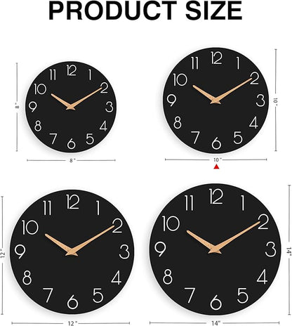 Wall Clock, 10 Inch Wooden Silent Non-Ticking, Decorative Battery Operated Wall Clocks for Bedroom, Kitchen, Home, Living Room, Office, School, Hotel (Black)