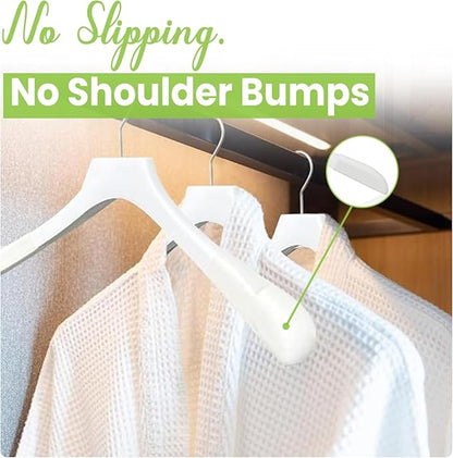 Premium Luxe Wood Coat Hangers, Wide Shoulder Wooden Jacket Hangers with Velvet Grip, Heavy Duty Luxury Hangers for Coats & Blazers, White with White Velvet, 12 Pack